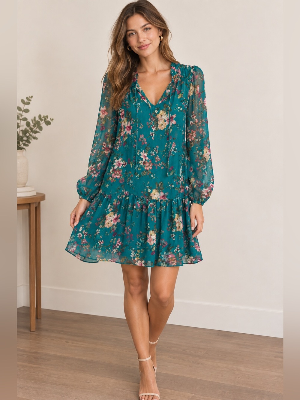 Teal Anthropologie Dress with floral design